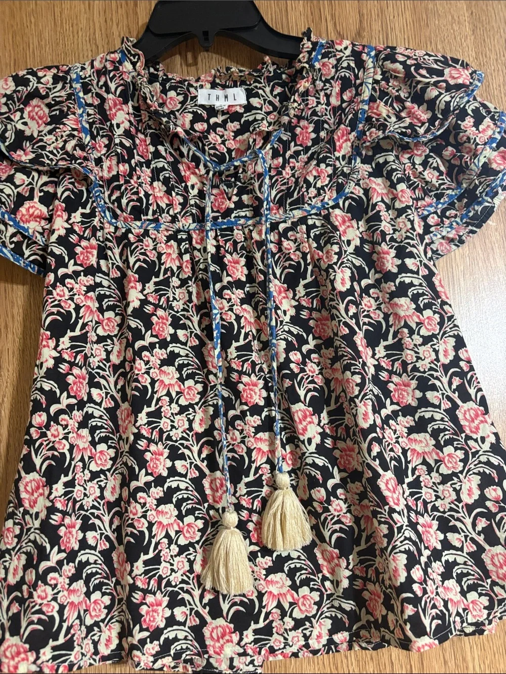 THML Black Floral Blouse with Pink and Cream Blossoms - Picture 6 of 9